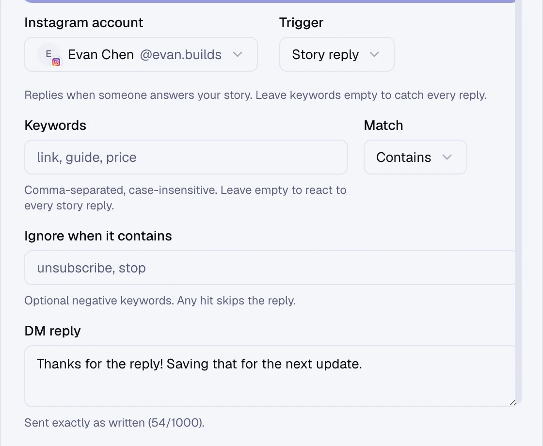 An automation editor in the Evan Chen workspace, with the Instagram account, the story reply trigger, the keyword match and the DM reply set.