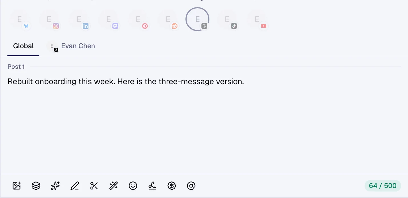 The channel row of the post composer in the Evan Chen workspace, with Threads selected and the shared caption below it.