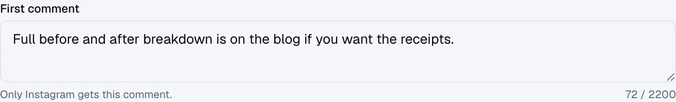 The first comment field in the post composer in the Evan Chen workspace, set to publish right after the post.