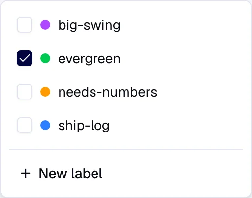 The label picker in the post composer in the Evan Chen workspace, used to tag a draft for later filtering.