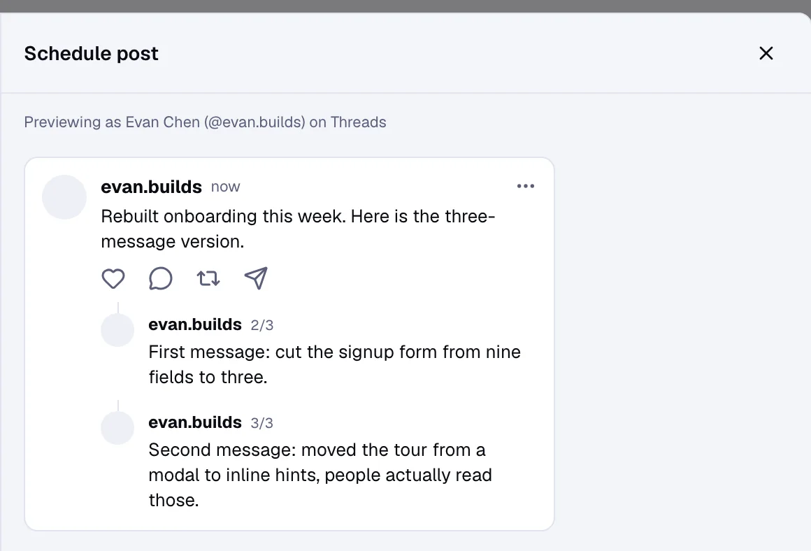 The Schedule post preview in the Evan Chen workspace, rendering the same draft as a Threads post with its 2 follow-ups.