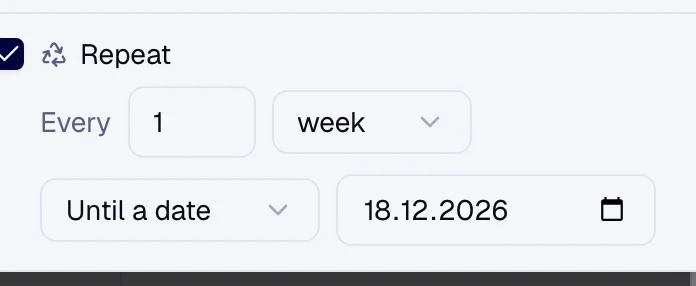 The repeat schedule control in the post composer in the Evan Chen workspace, set to repost on a recurring cadence.