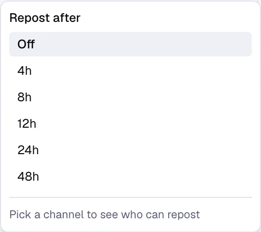 The auto-repost control in the post composer in the Evan Chen workspace, set to repost the same post after a delay.