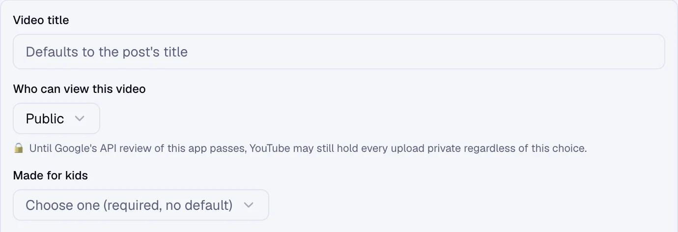 The YouTube options in the post composer in the Evan Chen workspace, with the video title, privacy and made-for-kids fields.