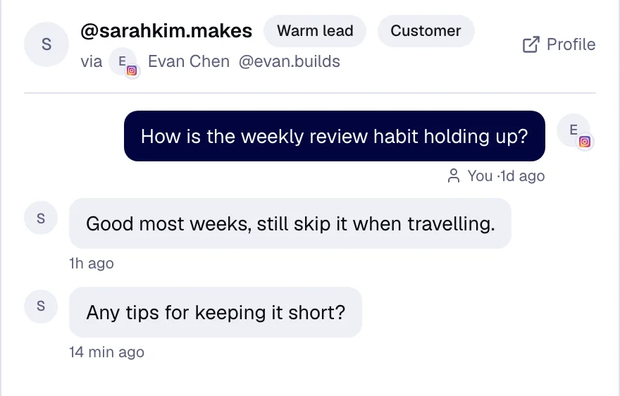 A conversation in the shared Inbox in the Evan Chen workspace: a warm lead tagged Customer, the reply Evan sent and her 2 follow-ups.
