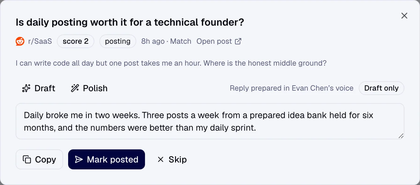 A drafted Outreach reply in the Evan Chen workspace, ready to copy into the thread and mark posted.
