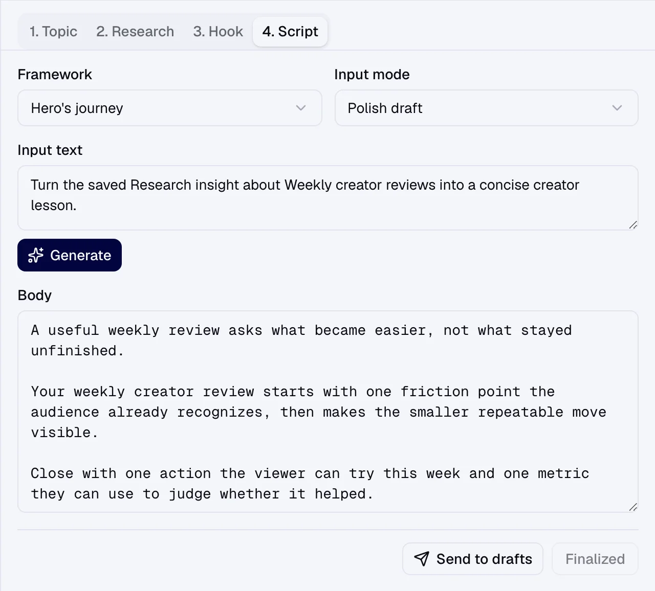 The Script step of a script in the Evan Chen workspace, with the framework, the input text and the generated body.