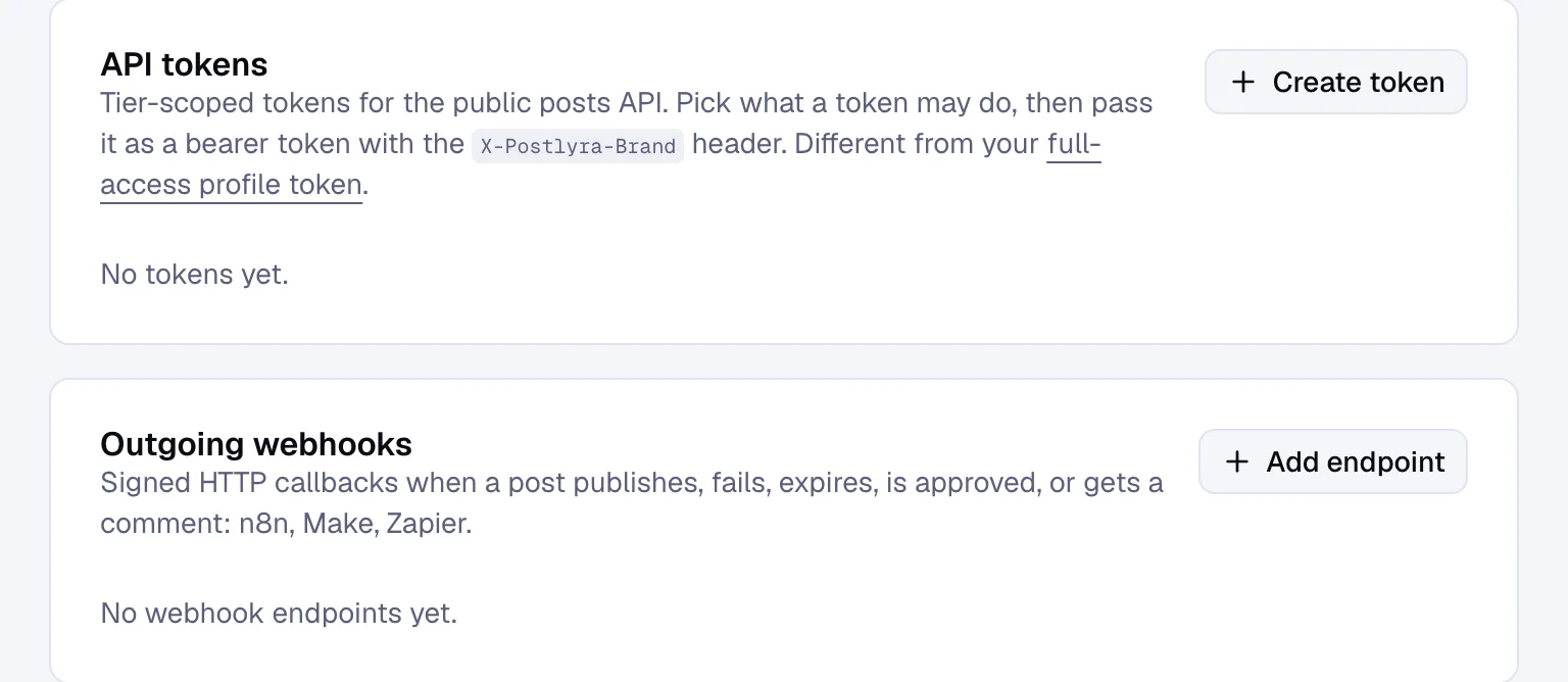 The API tokens and outgoing webhooks cards in the Evan Chen workspace settings.