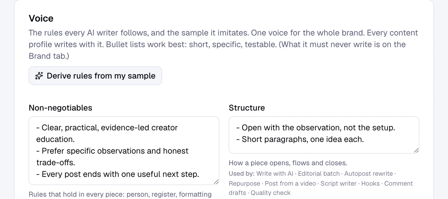 The top of the Voice settings in the Evan Chen workspace, with the derive button and the first 2 rule boxes.