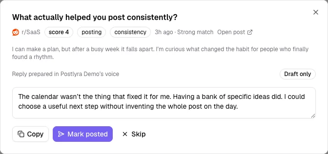 Postlyra review dialog with an r/SaaS thread, a drafted reply marked Draft only, and Copy, Mark posted, and Skip actions