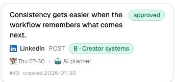 A Postlyra draft written by the AI planner, titled “Consistency gets easier when the workflow remembers what comes next”, marked approved